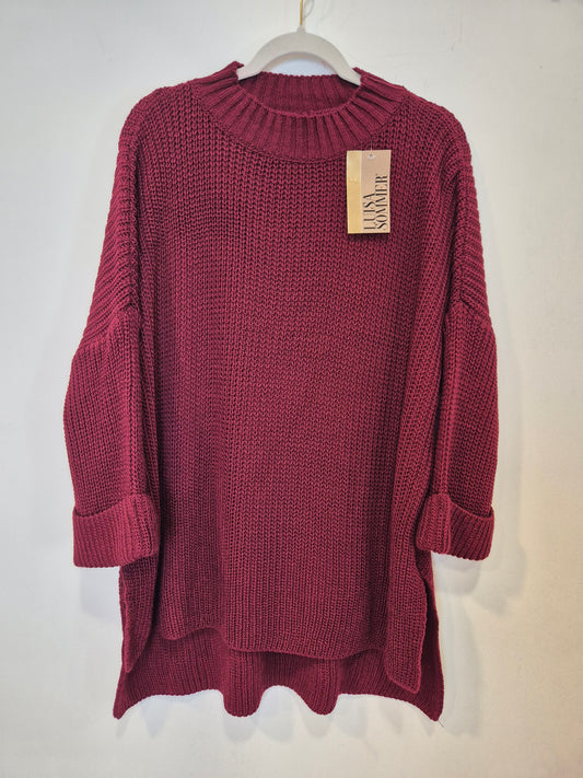 Stehkragen Oversize Pullover mit Schlitz- Bordeaux